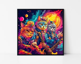 Póster enmarcado de Psychedelic Jazz Cats – Trío musical cósmico