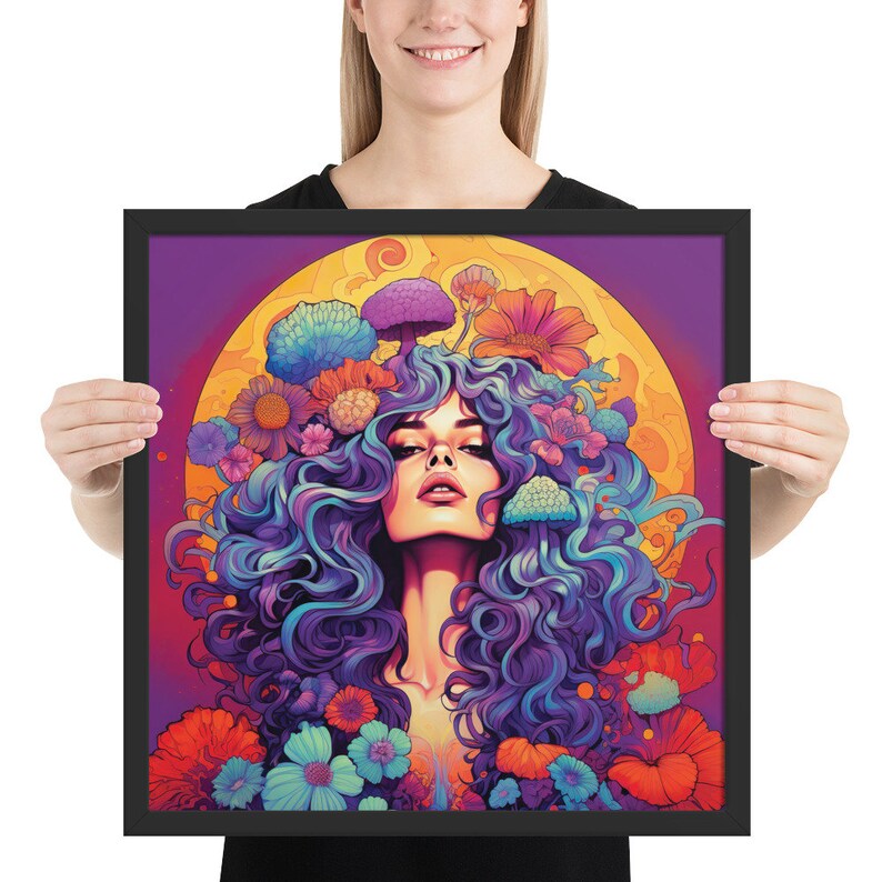 Colorful Psychedelic Illustration of a Woman Framed poster, Psychedelic Wall Art, Psychedelic Woman Portrait Poster, Wall hanging.