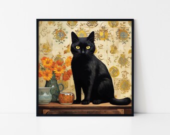 Zwarte kat met bloemen – vintage ingelijste poster in cottage-stijl
