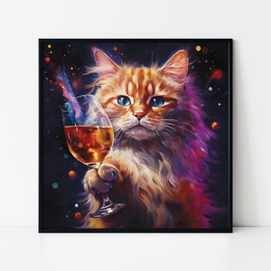Colorful Cat Drinking Wine Framed poster, Cute Cat with a Glass of Wine Painting, Wall Art, Cats Lover, Cool Cat Portrait Celebrating.