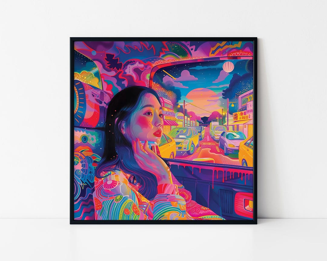 Woman in a Car in a Psychedelic Trip Framed Poster, Trippy Art Woman in ...