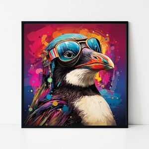 Póster enmarcado de pingüino con gafas en estilo psicodélico, póster psicodélico de pingüino con gafas, arte mural psicodélico, retrato de pingüino.