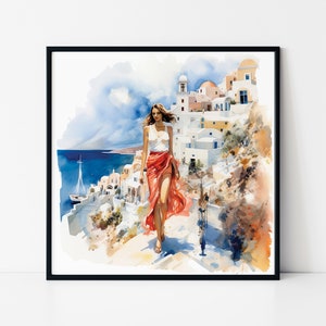 Poster incorniciato raffigurante una bellissima donna a Santorini, in Grecia, poster ad acquerello di Santorini, in Grecia, poster ad acquerello della Grecia, poster di viaggi e moda.