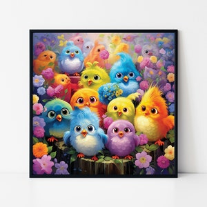 Pintura de pájaros lindos y esponjosos en un póster enmarcado con estilo de dibujos animados, pintura de pájaros de dibujos animados juguetones, póster de arte infantil, póster de pájaros lindos y esponjosos.