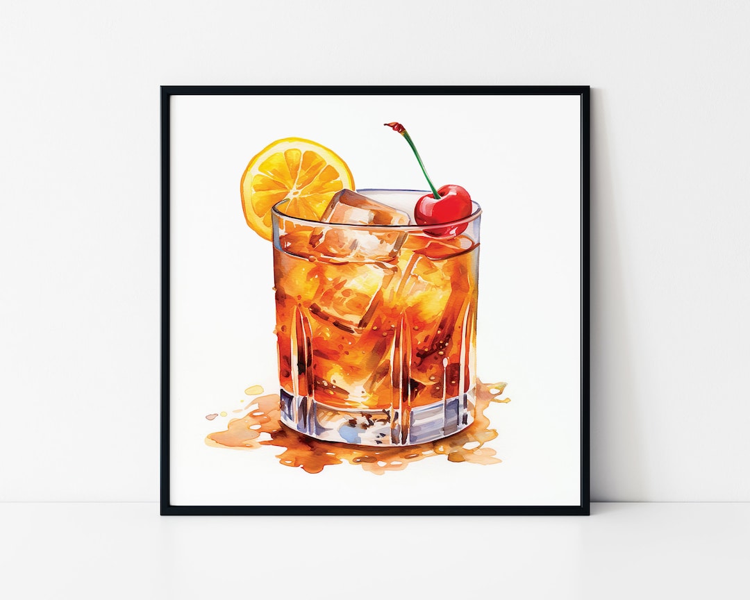 Watercolor Old Fashioned Cocktail Framed Poster: Signature Drink