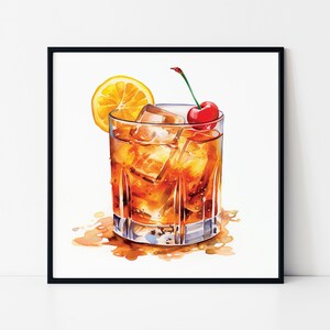 Watercolor Old Fashioned Cocktail Drink Framed Poster, Signature Cocktail Drink, Drink Wall Art, Bourbon Watercolor Cocktail Poster.