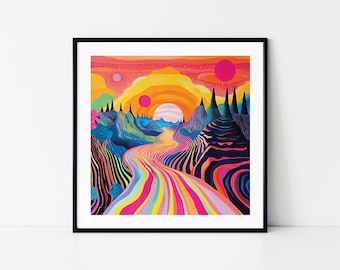 Psychedelic Sunset Road Kunstdruck, farbenfrohe surreale Wanddekoration