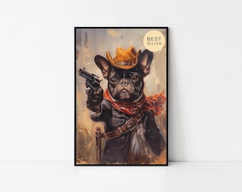 French Bulldog Cowboy Framed Poster – Western Dog Wall Art, Rustic Country Decor, Funny Pet Lover Gift