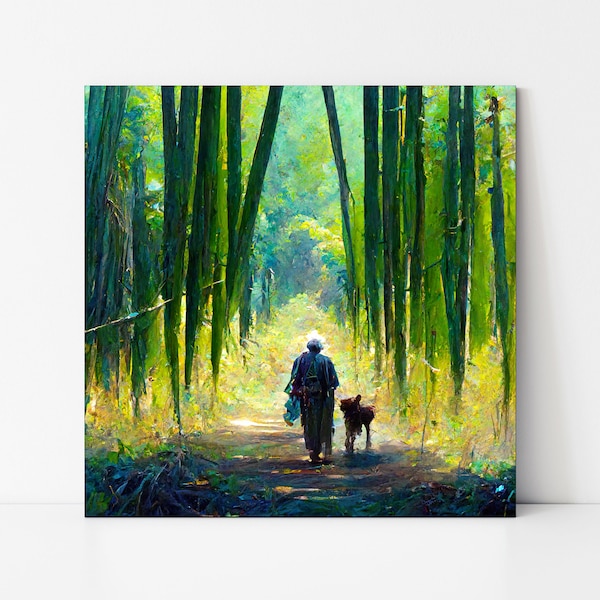 Reiziger met zijn hond metgezel wandelen in een bamboebos, bamboe bos schilderij, muur kunst canvas, woondecoratie, bamboe schilderij