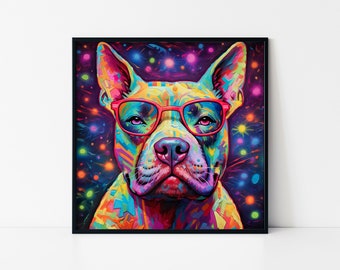 Psychedelic Pitbull Art – Buntes Hunde Portrait gerahmtes Poster