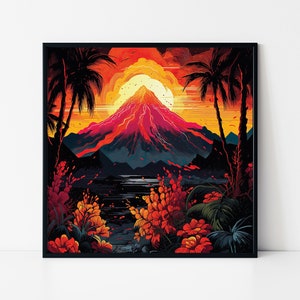 Volcano Eruption Framed Poster with Palm Trees, Tropical Sunset Wall Art, Active Volcano Painting, Nature Home Decor, Tropical Landscape