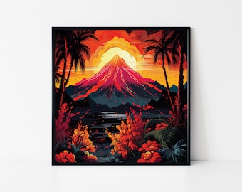 Arte mural de erupción volcánica: póster enmarcado de lava al atardecer, impresión de paisaje volcánico para decoración del hogar y la oficina.