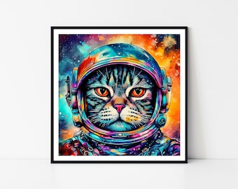 Psychedelic Astronaut Cat – Vibrant Cosmic Space Art Framed Poster