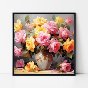 Cuchillo de paleta Pintura al óleo de flores en jarrón Póster enmarcado, Arte de pared floral, Póster de flores hermosas, Póster de flores para colgar en la pared.