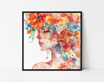 Floral Woman Watercolor Portrait Framed Poster – Feminine Botanical Wall Art
