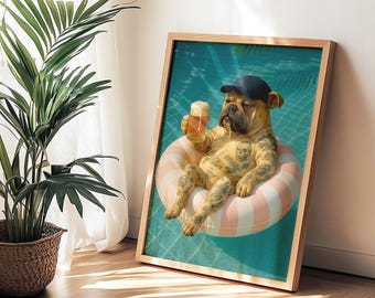 Arte de piscina con bulldog tatuado: divertido cuadro de perro, lámina veraniega de bulldog cervecero, decoración imprimible original, descarga digital instantánea