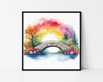 Watercolor Bridge Landscape Wall Art – Rainbow Nature Framed Poster