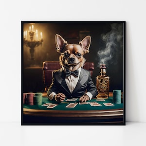 Póster enmarcado de chihuahua jugando al póquer con esmoquin, arte canino para salas de juegos y amantes de los perros, arte de pared de noche de póquer de perro chihuahua, regalo para amantes de los perros.