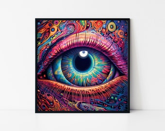 Psychedelic Eye Poster, Trippy Wall Art, Retro Visionary Print