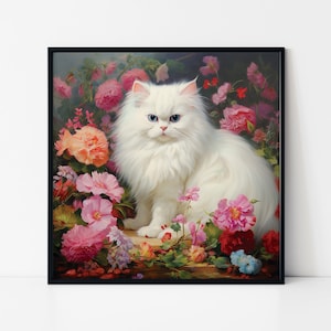 Cute White Persian Cat Framed Poster, White Persian Cat with Pink Flowers, Persian Cat Lovers, Cats Wall Art, Persian Cat Art, Wall Hanging.