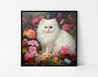 May include: A white Persian cat with blue eyes sits in a bed of pink, red, and white flowers. The cat is surrounded by lush green foliage.