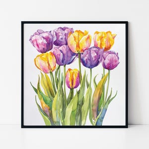 Watercolor Tulips Framed Poster, Purple and Yellow Floral Wall Art, Spring Flower Painting Print, Botanical Art Decor, Tulip Bouquet