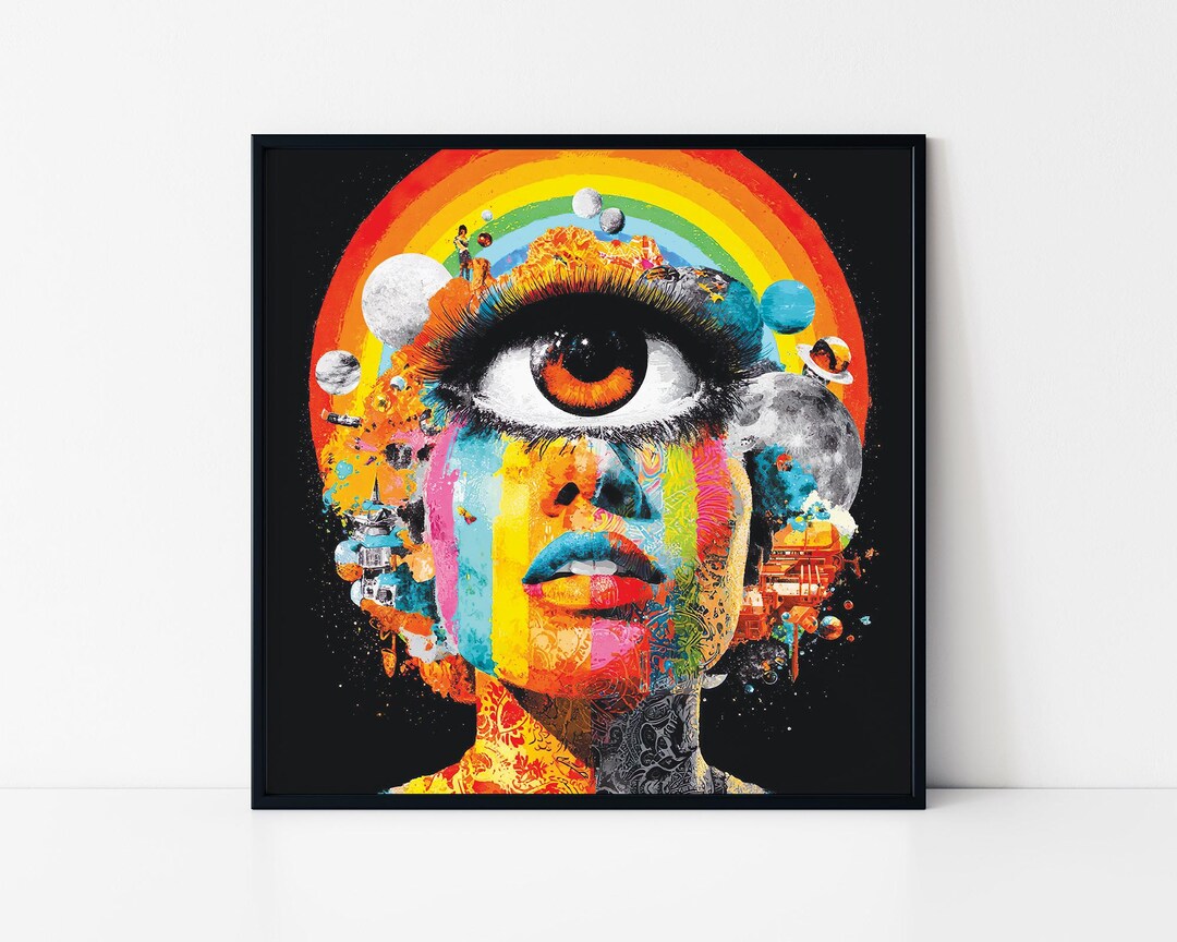 Trippy Collage Face Framed Poster – Colorful Rainbow Portrait Art - Etsy