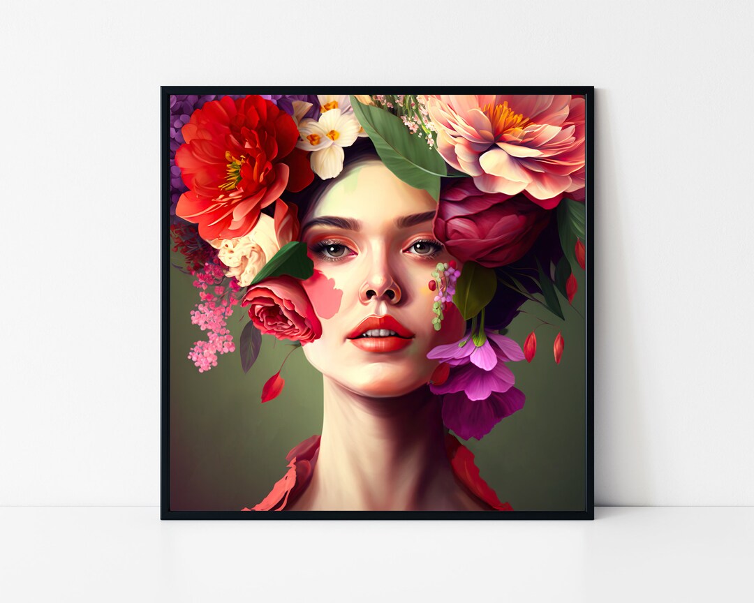 Floral Woman Portrait: Elegant Framed Poster, Botanical Wall Art - Etsy