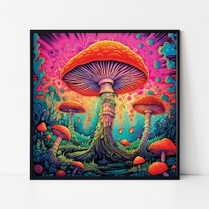 Psychedelic Magic Mushrooms Painting Framed Poster, Psychedelic Wall Art, Colourful Magic Mushroom, Psychedelic, Trippy Poster