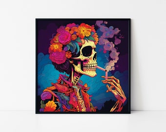 Psychedelisch bloemenskelet – kleurrijke surrealistische schedel ingelijste poster