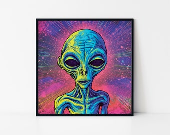 Psychedelic Alien Art Print – Colorful Surreal Extraterrestrial Framed Poster, Trippy Space Decor
