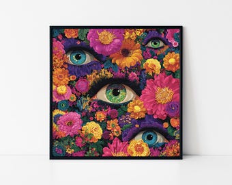 Trippy Floral Eyes Wall Art – Psychedelic Eye Flower Surreal Poster