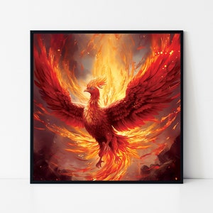 Poster incorniciato raffigurante un uccello fenice rosso con fiamme, decorazione murale ispirata alla mitologia greca, decorazione per la casa raffigurante una fenice infuocata, stampa artistica di un uccello mitologico da regalare.