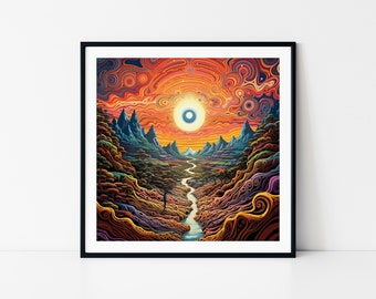 Paisaje psicodélico del amanecer: póster enmarcado de naturaleza surrealista vibrante