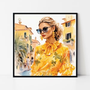 Pintura en acuarela de una mujer elegante con gafas de sol, póster enmarcado, mujer fashionista vestida de amarillo, arte de pared.