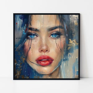 Painting of Beautiful Woman Framed Poster, Woman With Blue Eyes and Red Lipstick, Beautiful Woman Art, Beautiful Woman Portrait.