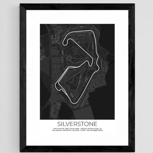 Silverstone Grand Prix Circuit Print, Formule 1 Track Poster, Office kunst aan de muur, Cadeaus voor hem, F1 racekaart frame, F1 Poster, Autorace fanart