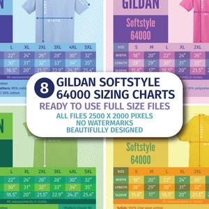 8 Gildan Softstyle 64000 Size Chart Mockups T-shirt Sizing Charts for Gildan 64000 Downloadable Sizing Chart Mockup instant download Bespoke
