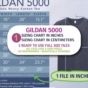 1 Gildan 5000 Size Chart Mockup INCHES & CENTIMETERS T-shirt Sizing Charts for Gildan 5000 Downloadable Sizing Chart Mockup instant download