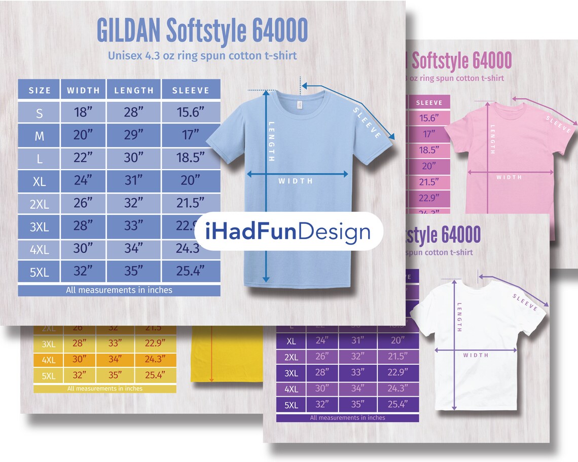 8 Gildan Softstyle 64000 Size Chart Mockups T-shirt Sizing Charts for ...