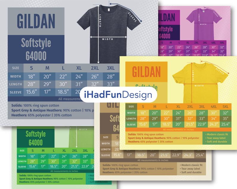 8 Gildan Softstyle 64000 Size Chart Mockups T-shirt Sizing Charts for ...