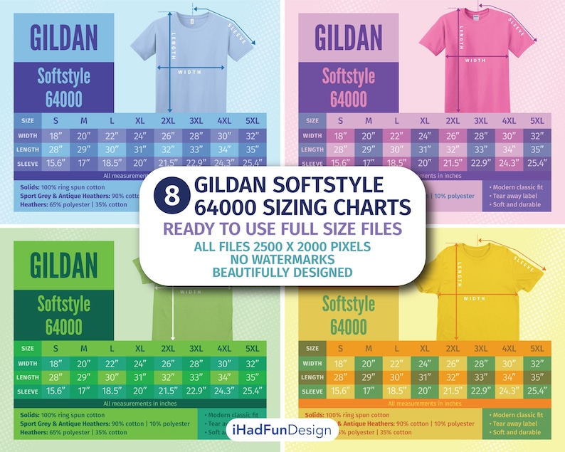 8 Gildan Softstyle 64000 Size Chart Mockups T-shirt Sizing Charts for ...