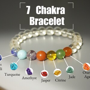May include: A 7 Chakra bracelet featuring clear quartz beads and seven different coloured gemstone beads. The gemstones are Lapis Lazuli, Turquoise, Amethyst, Jasper, Citrine, Jade, and Orange Agate.