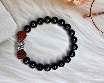 Black Tourmaline Bracelet: Buddha Charm, Rudraksha, October Birthstone