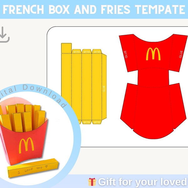 French Fry Box Template, French Fries Template, Gift Box Template, French Fries Gift Card, French Fries Box and Fries For Gift, Printable