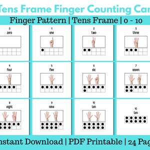 May include: A set of white Tens Frame finger counting cards, displaying numbers 0-10 with finger patterns. Each card shows a number, the word for the number, and a visual representation using fingers and a tens frame. The text "Instant Download | PDF Printable | 24 Pages" is also visible.