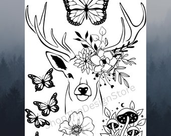 Stag Coloring Page: Deer, Butterfly, Flowers (Digital Download)