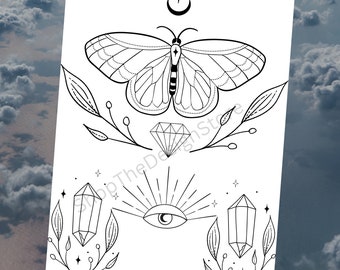 Moth Evil Eye Coloring Page: Crystals & Moon (Digital Download)