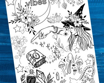 Witch Vibes Coloring Page: Grayscale Witchcraft Art (Digital Download)
