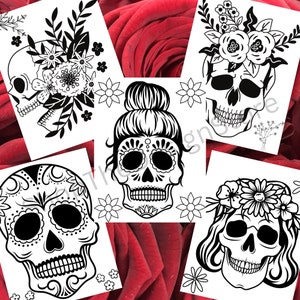 Skull Flower Coloring Book, Printable Digital Skull Coloring Pages